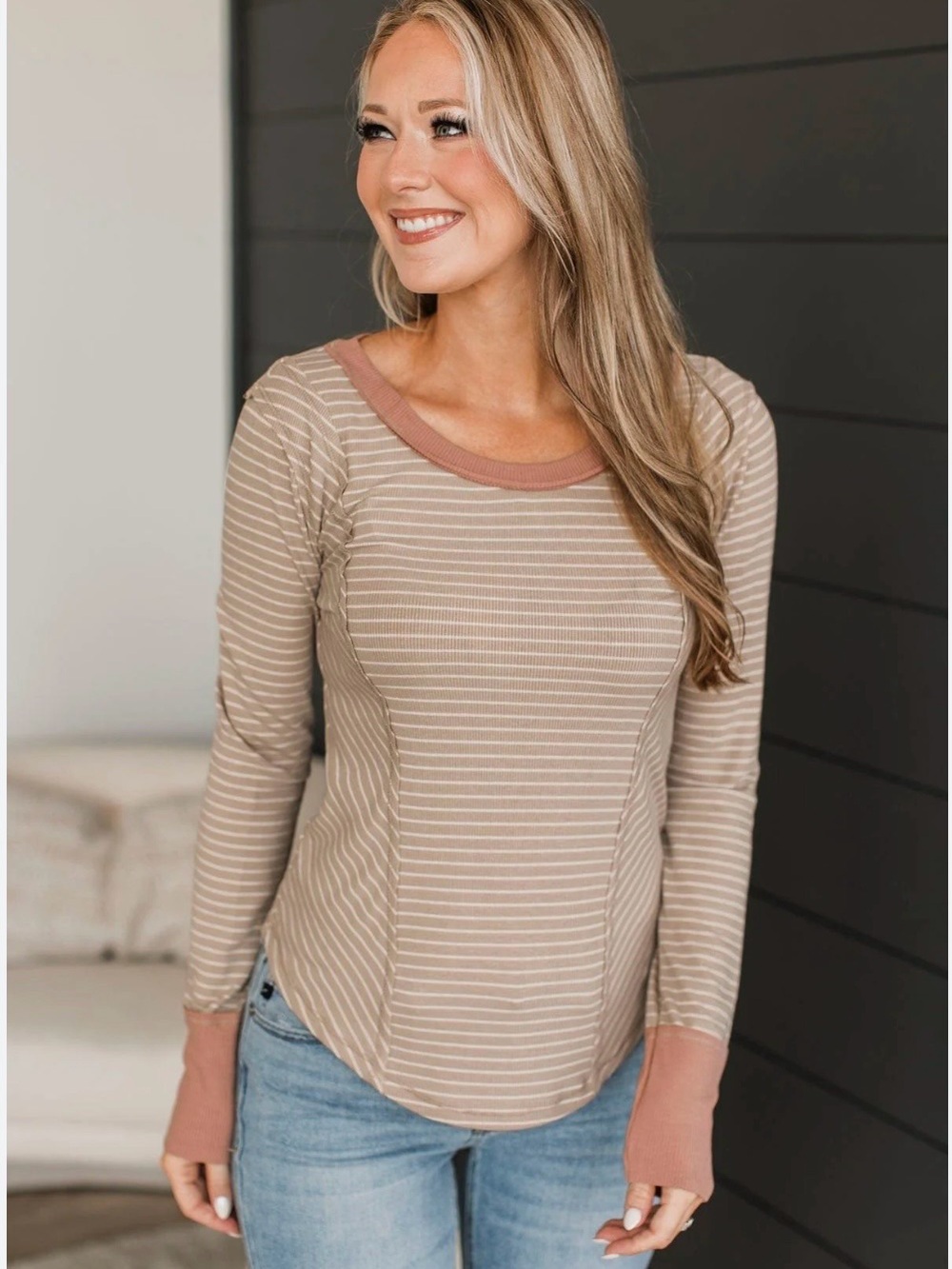 Hem & Thread Striped Long Sleeve Top Medium Taupe NWT
